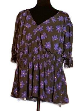 Ava & Viv Purple Floral Babydoll Blouse Plus Size 2X Lined Boho Peplum Top